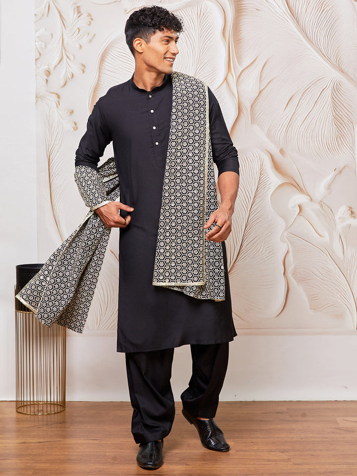 Men's Black Viscose Kurta,Patiala And Dupatta Set.