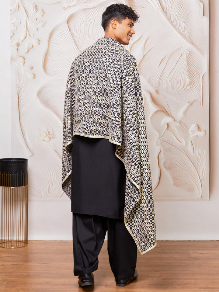 Men's Black Viscose Kurta,Patiala And Dupatta Set.