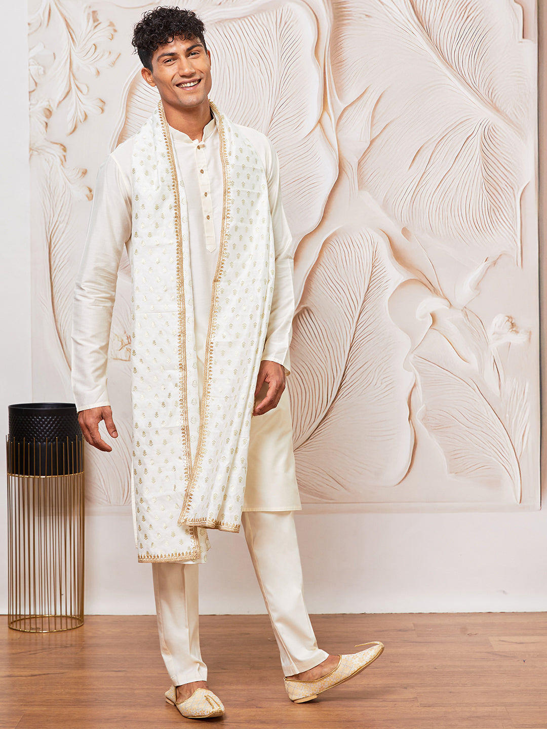 Men's Cream Viscose Kurta, Pant And Dupatta Set