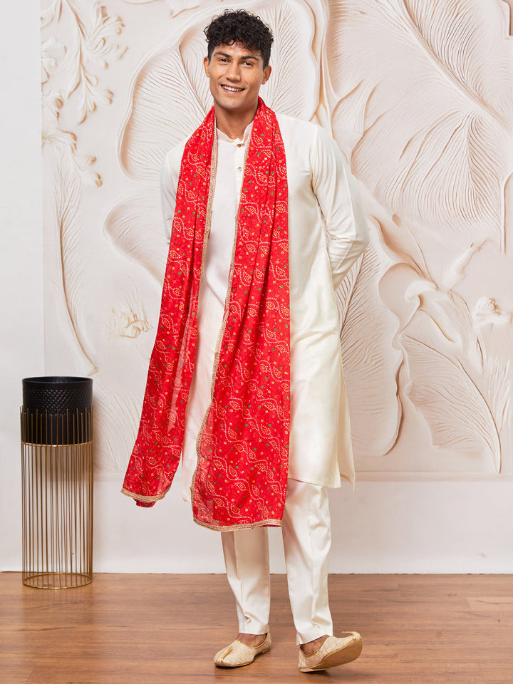 Men's Cream Viscose Kurta, Pant And Dupatta Set