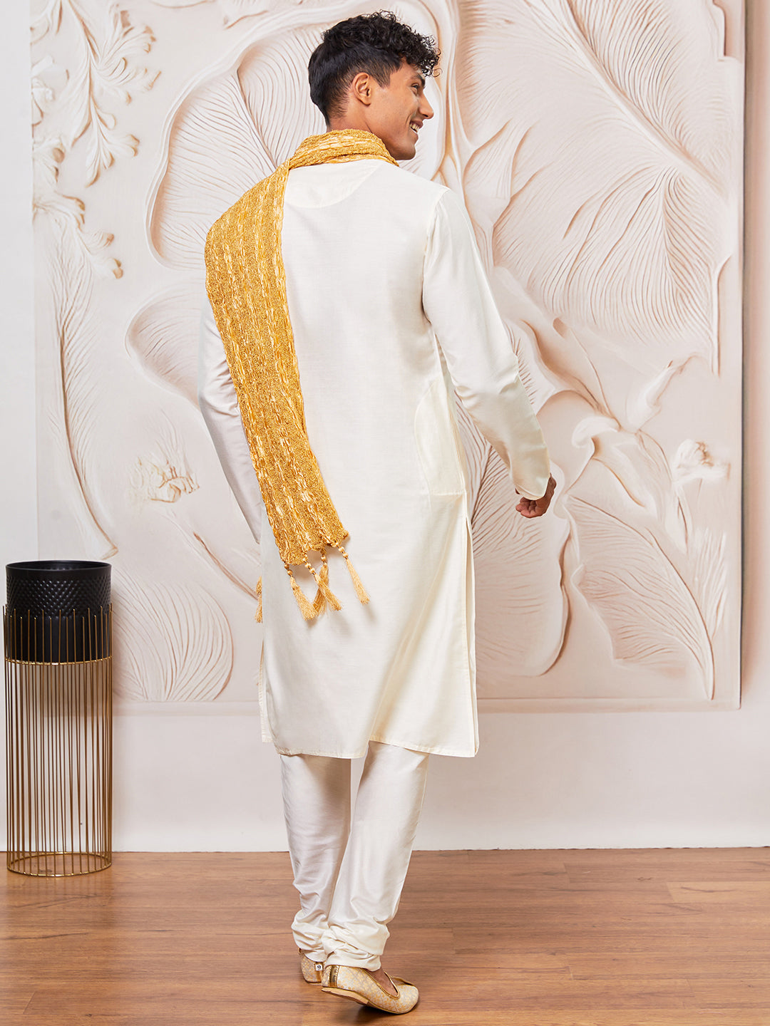 Men's Cream Viscose Kurta, Pant And Dupatta Set