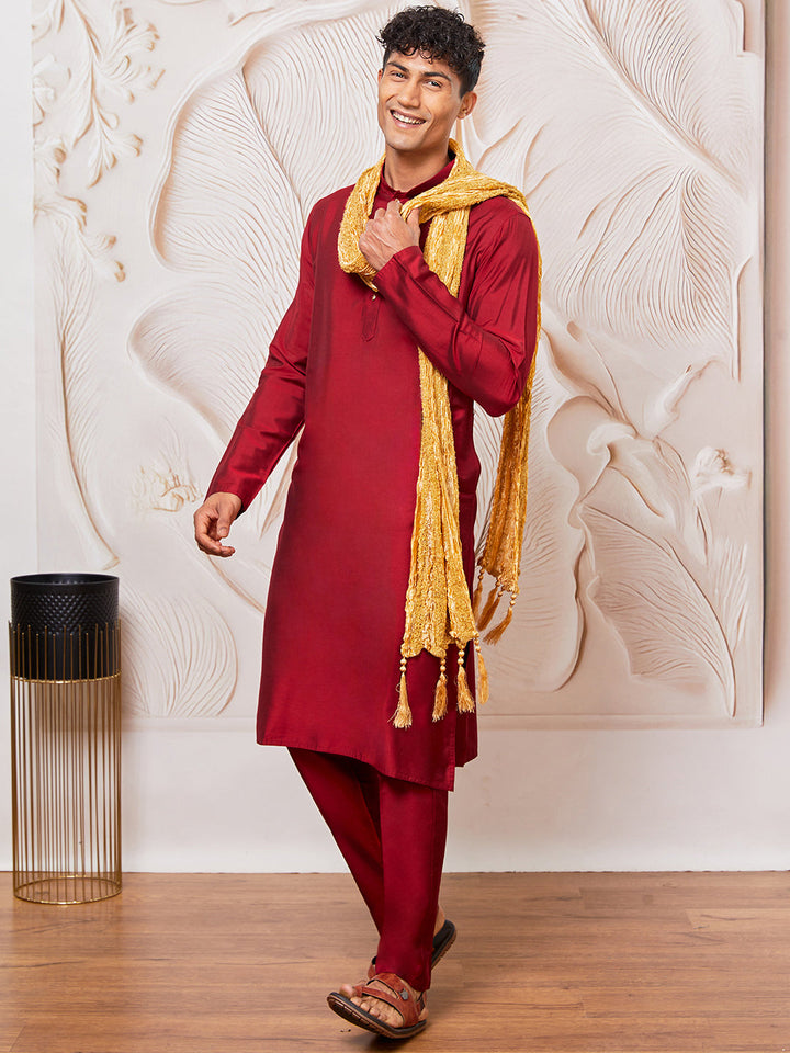 Men's Maroon Viscose Kurta, Pant And Dupatta Set