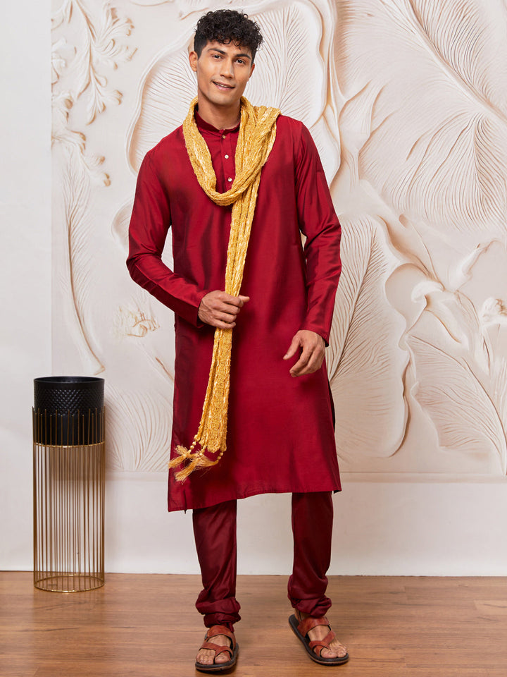 Men's Maroon Viscose Kurta, Pant And Dupatta Set
