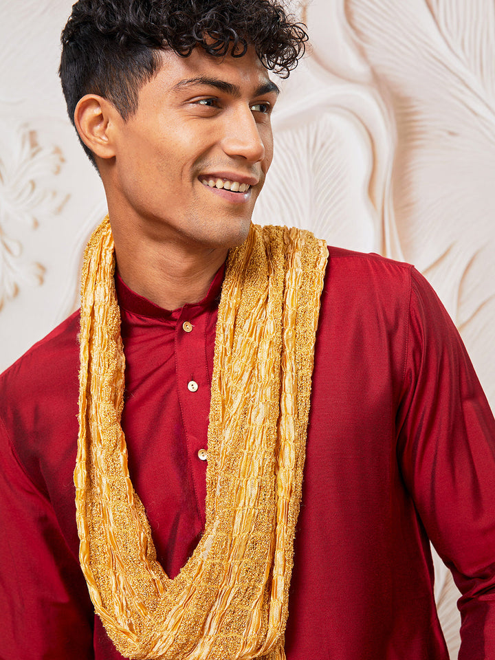 Men's Maroon Viscose Kurta, Pant And Dupatta Set