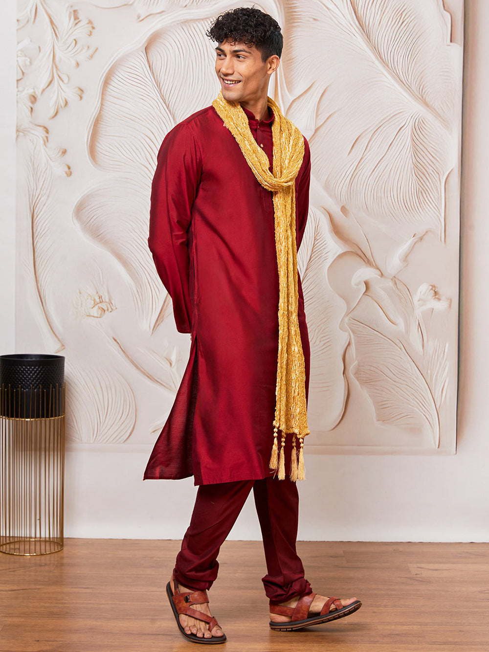 Men's Maroon Viscose Kurta, Pant And Dupatta Set