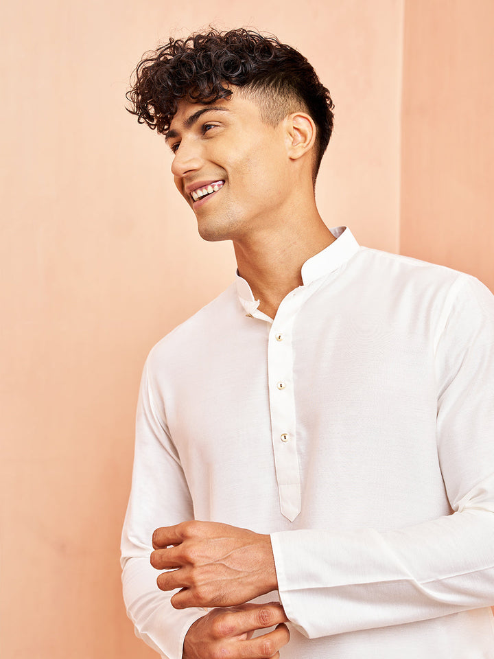 Men's White Viscose Kurta Long Sleeve Mandarin Collar Festive Wear