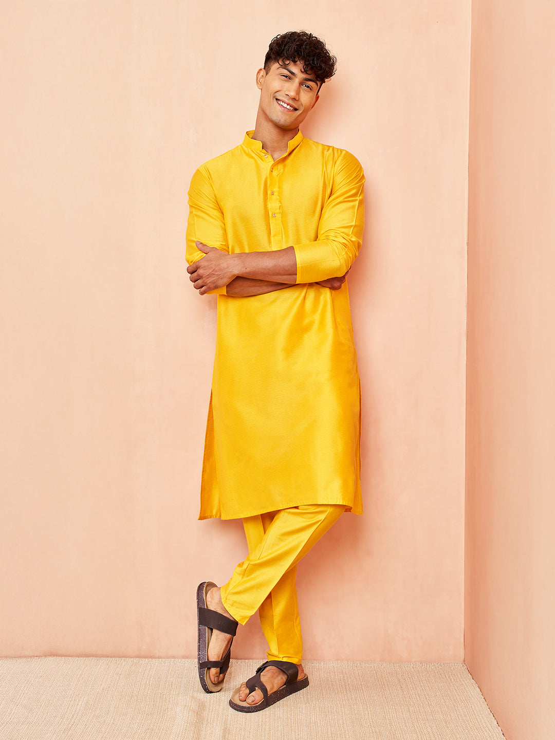 Men's Yellow Viscose Kurta with Yellow Pant Set