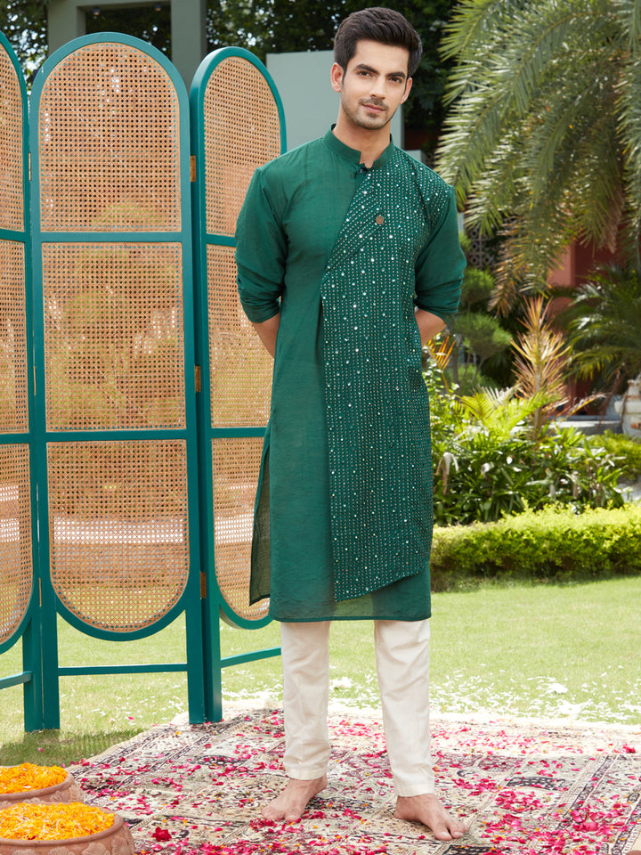 Sarvati Men's Green Sequined Layered Kurta With Cream Pant Style Pyjama Set