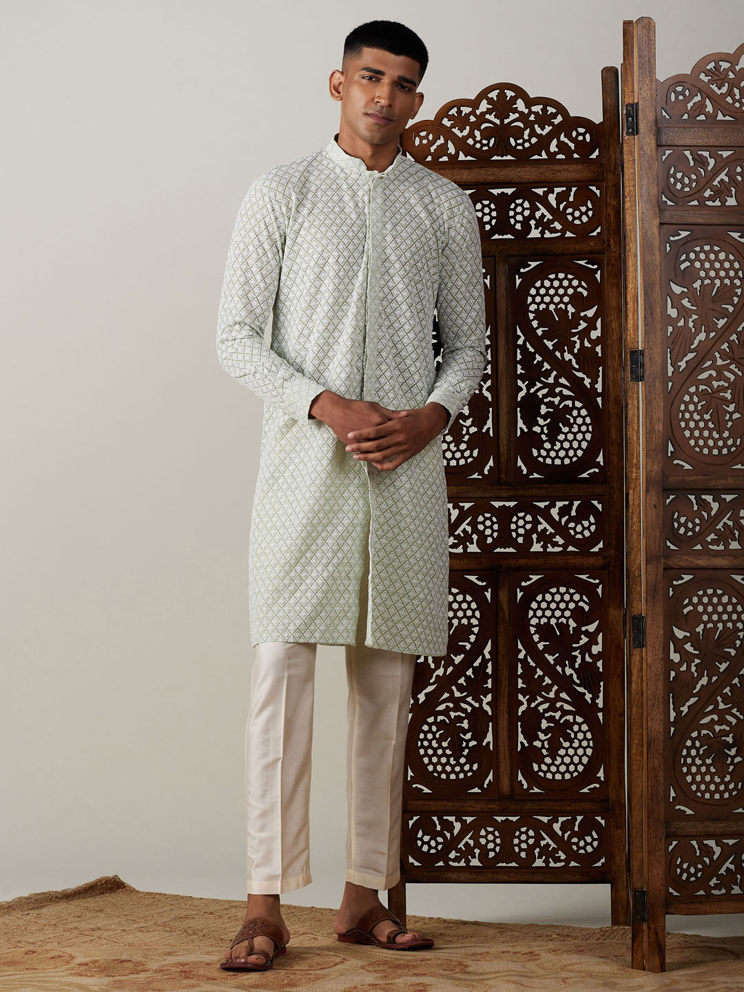 Sarvati Men's Green Chikankari Front Open Kurta With Pant Set