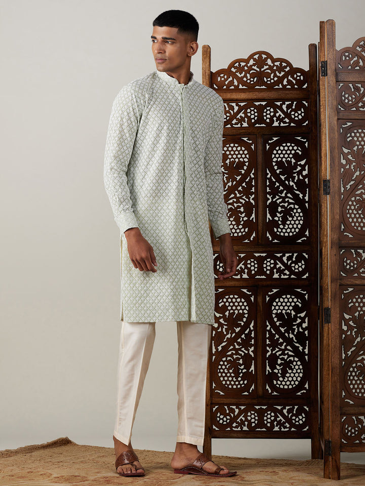 Sarvati Men's Green Chikankari Front Open Kurta With Pant Set