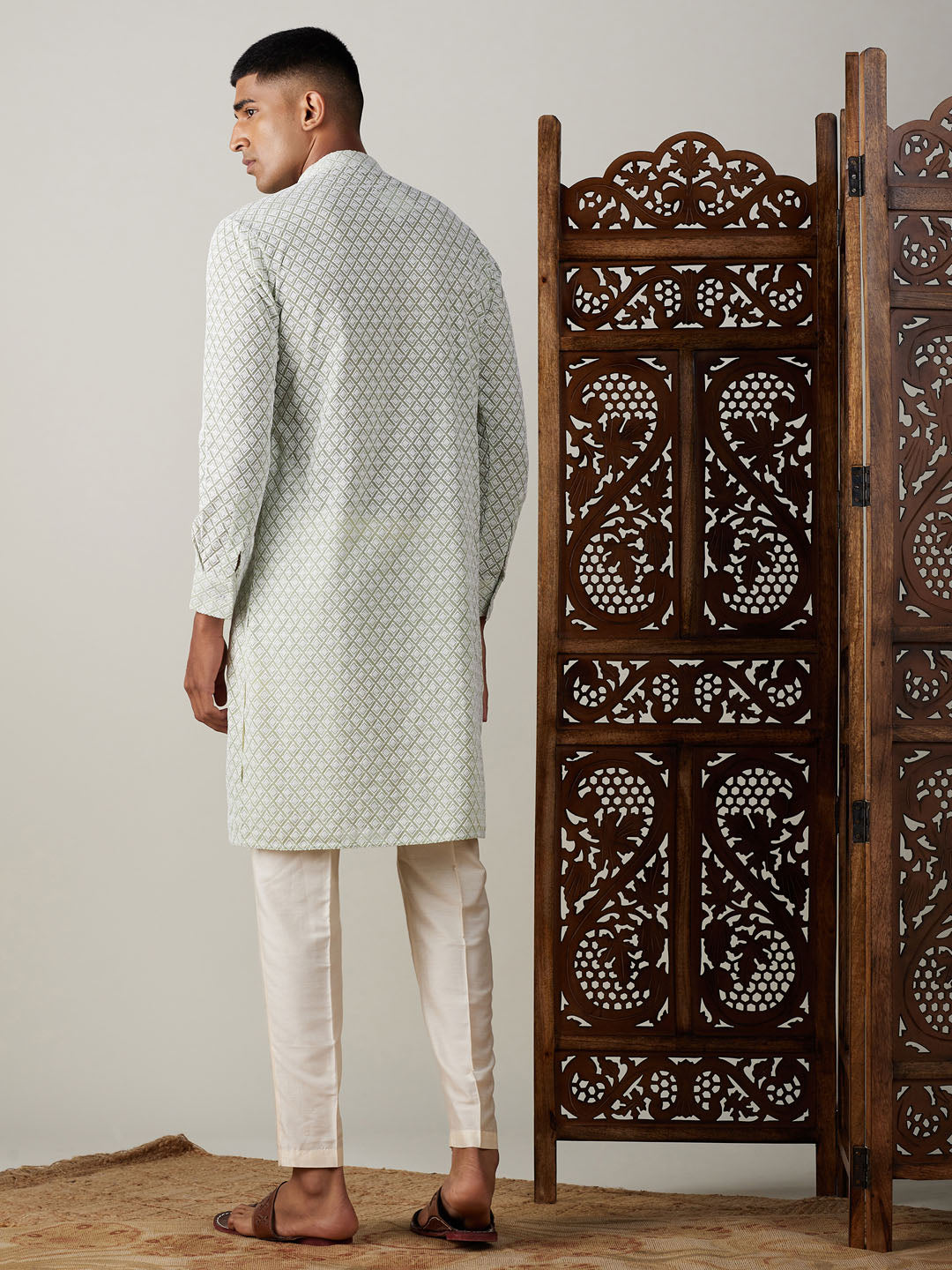 Sarvati Men's Green Chikankari Front Open Kurta With Pant Set