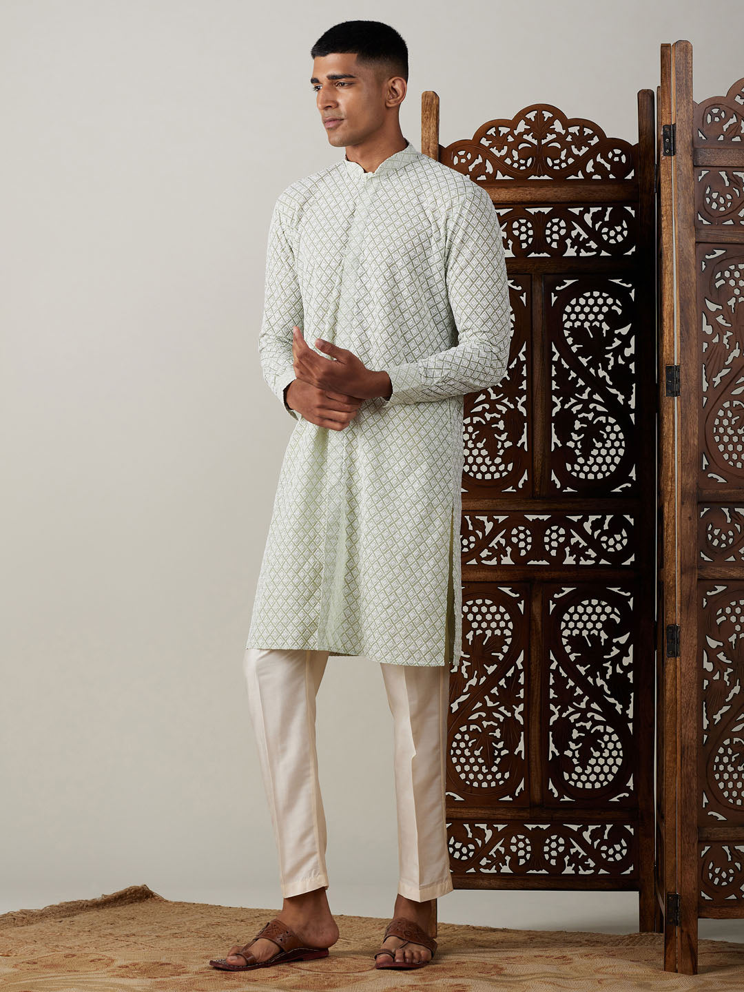 Sarvati Men's Green Chikankari Front Open Kurta With Pant Set