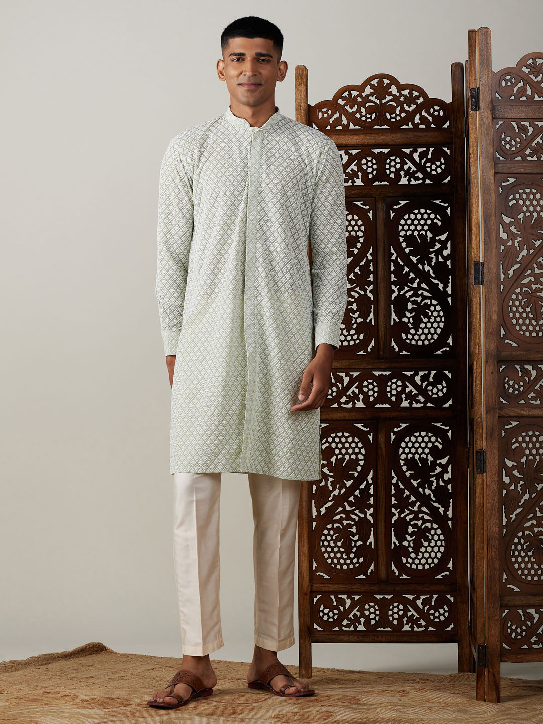 Sarvati Men's Green Chikankari Front Open Kurta With Pant Set