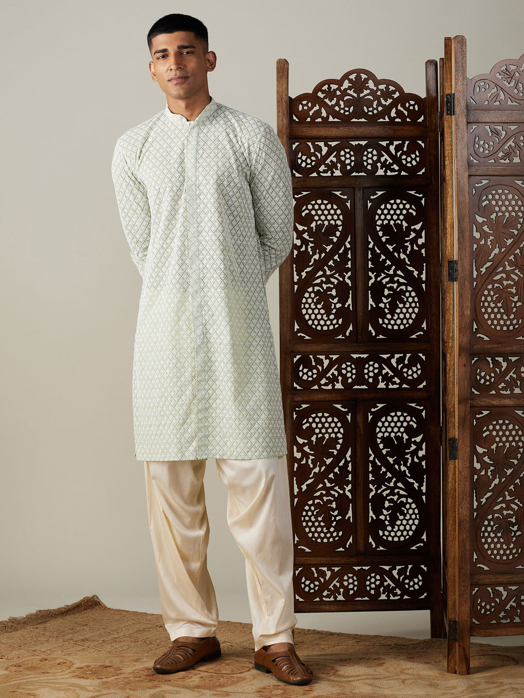 Sarvati Men's Green Chikankari Front Open Kurta With Patiala Set