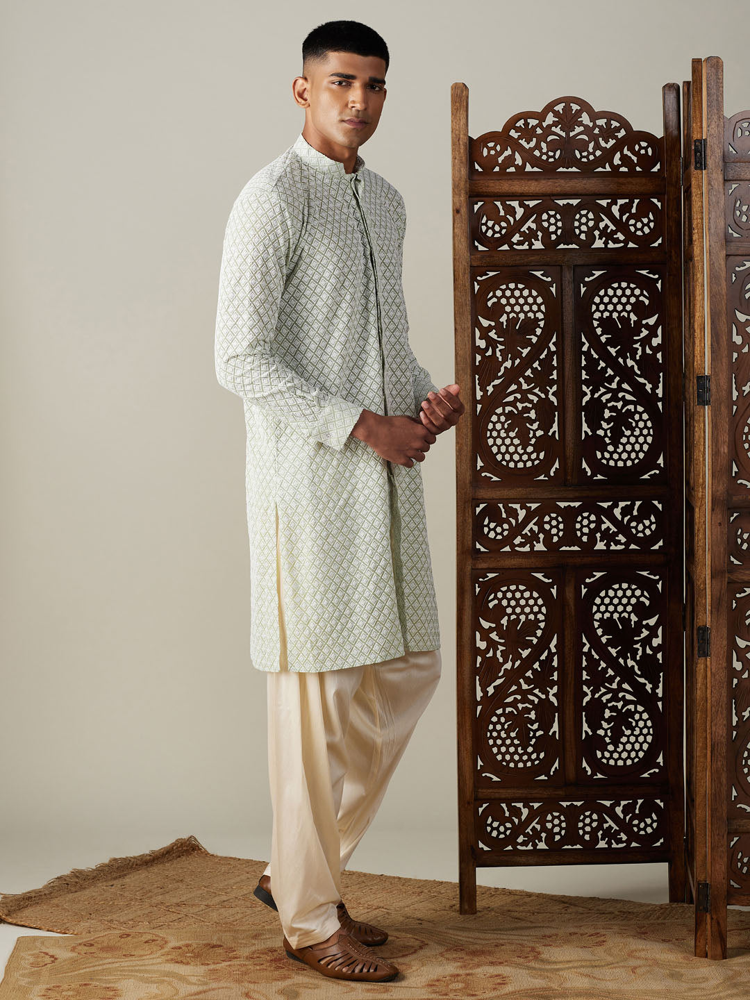 Sarvati Men's Green Chikankari Front Open Kurta With Patiala Set