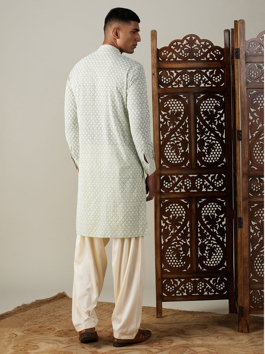 Sarvati Men's Green Chikankari Front Open Kurta With Patiala Set