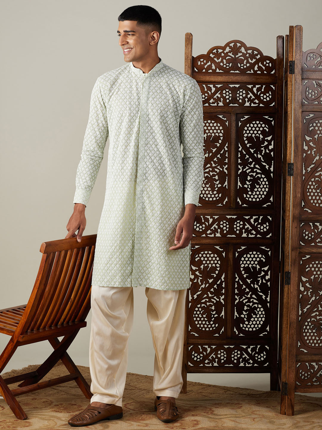 Sarvati Men's Green Chikankari Front Open Kurta With Patiala Set