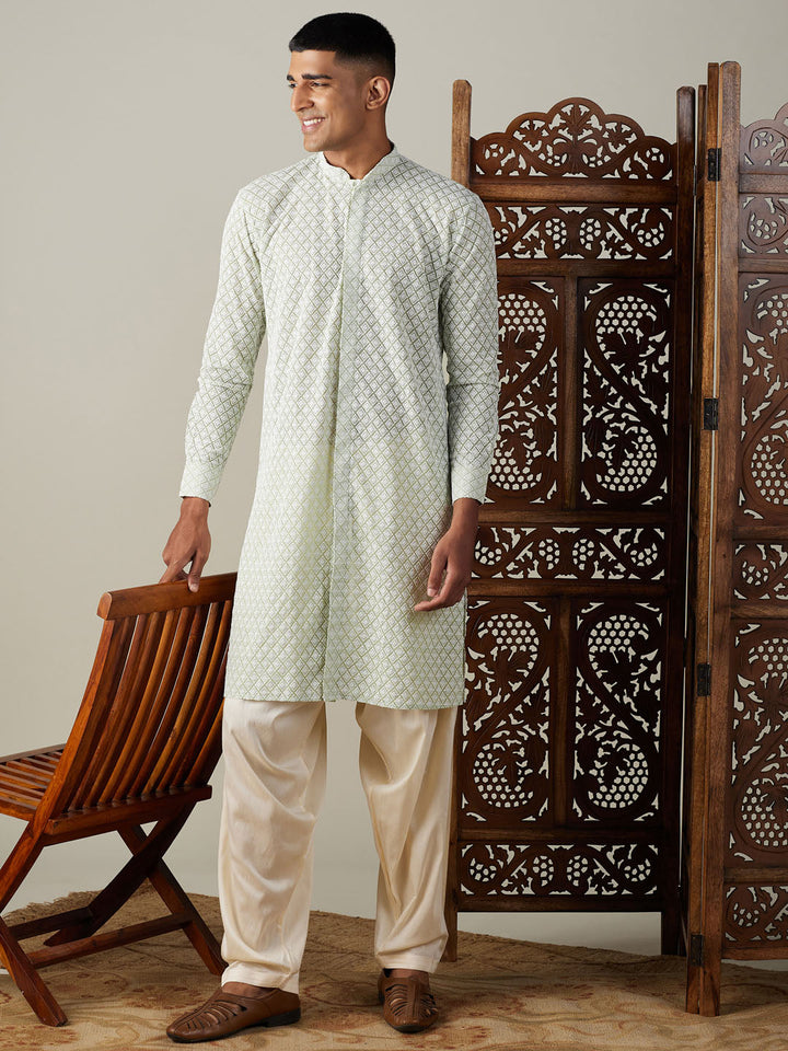 Sarvati Men's Green Chikankari Front Open Kurta With Patiala Set