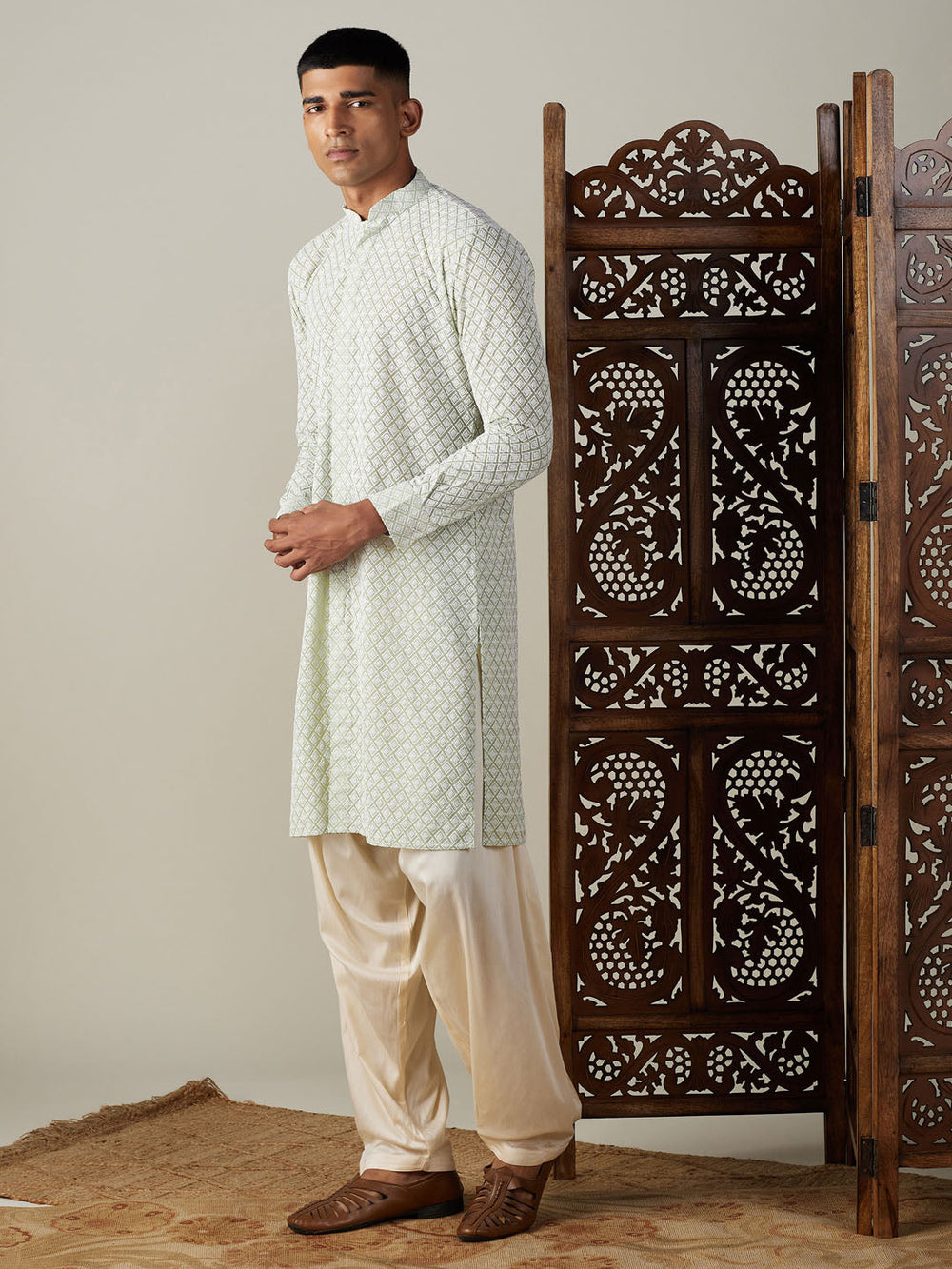 Sarvati Men's Green Chikankari Front Open Kurta With Patiala Set