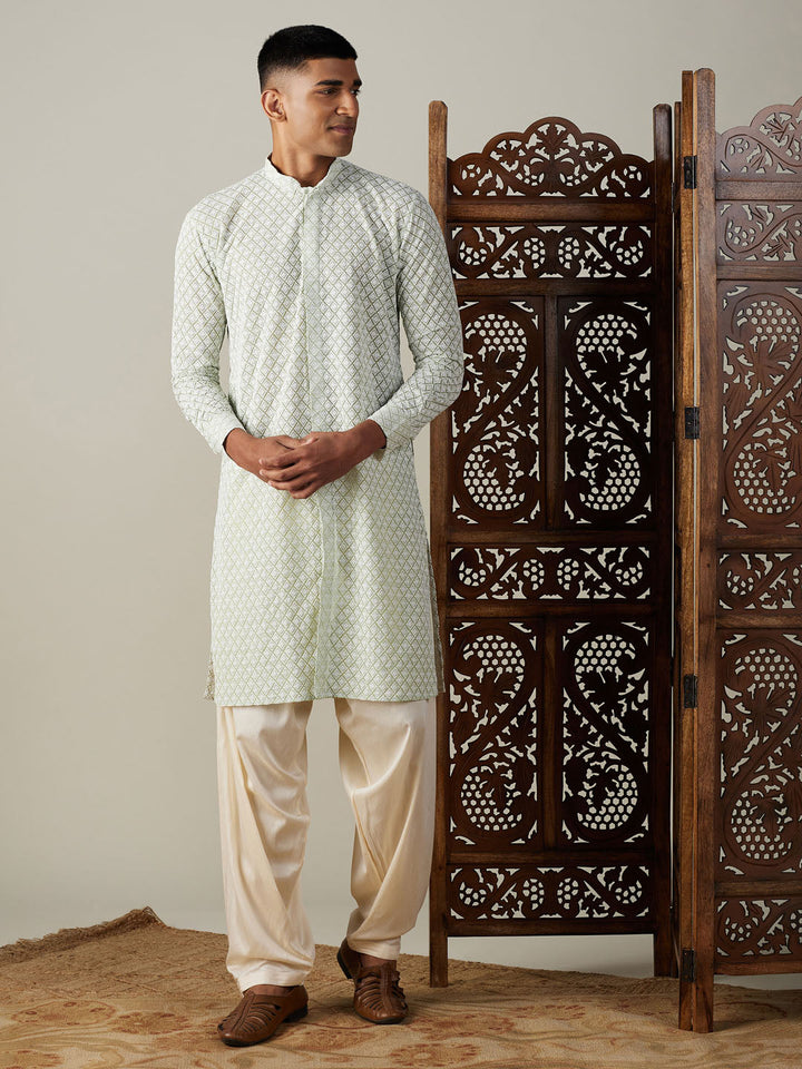 Sarvati Men's Green Chikankari Front Open Kurta With Patiala Set