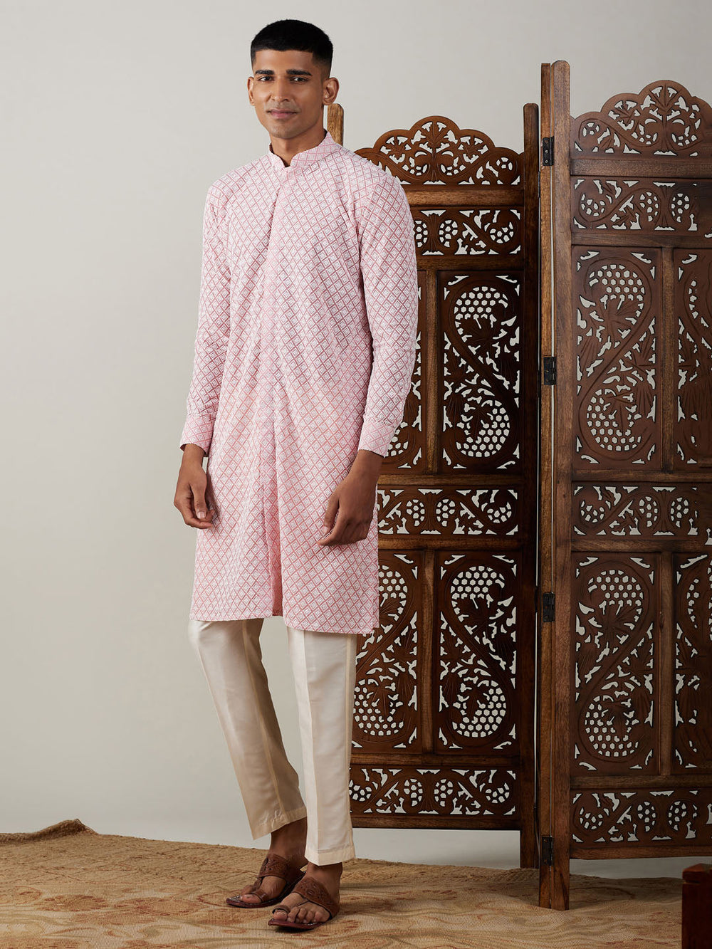 Sarvati Men's Pink Chikankari Front Open Kurta With Pant Set