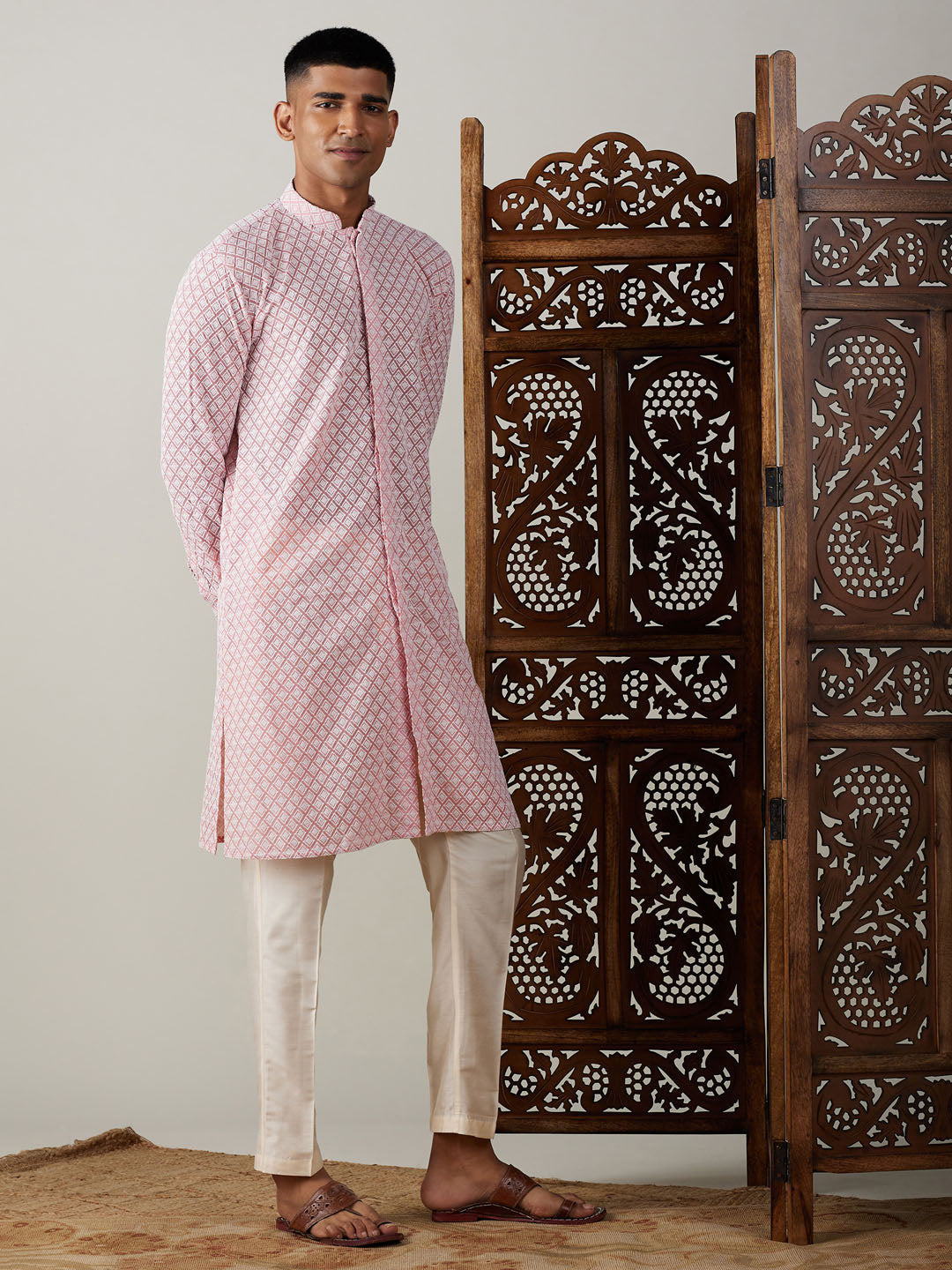 Sarvati Men's Pink Chikankari Front Open Kurta With Pant Set