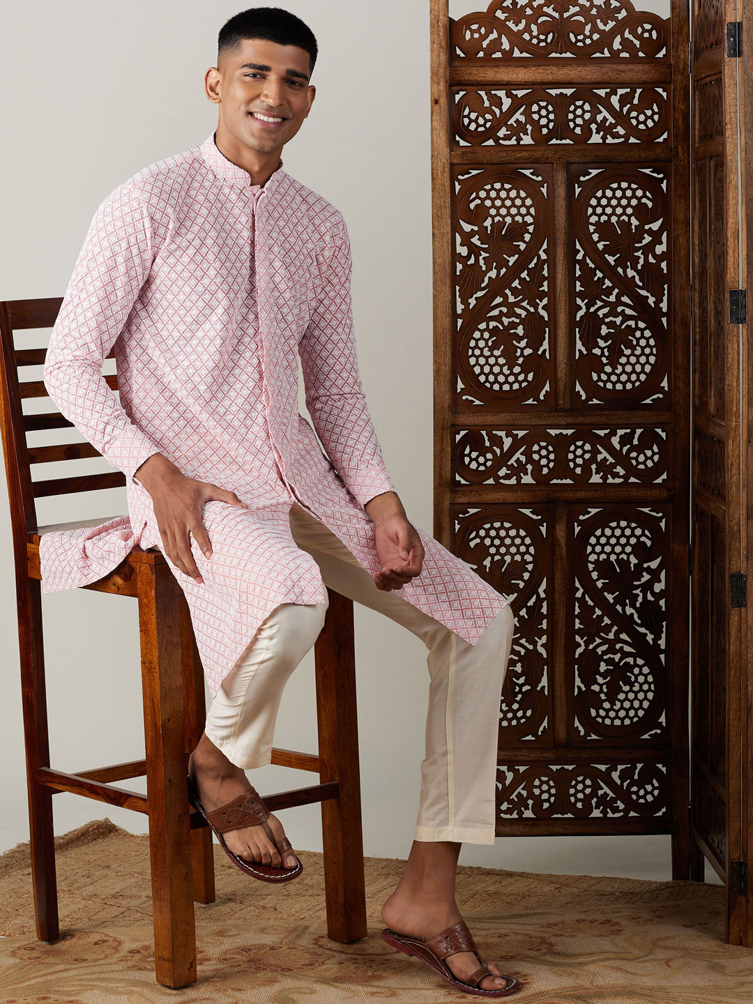 Sarvati Men's Pink Chikankari Front Open Kurta With Pant Set