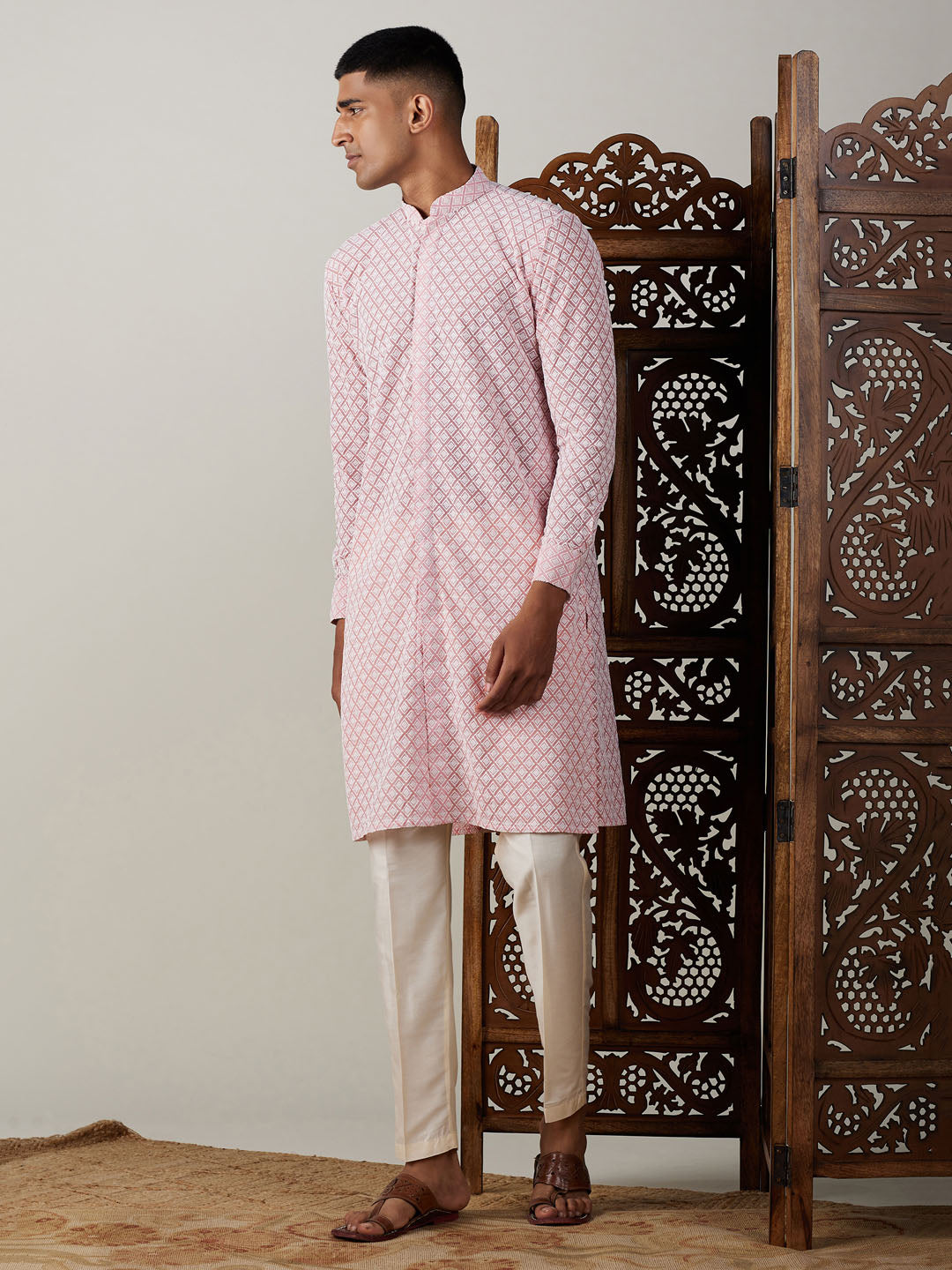 Sarvati Men's Pink Chikankari Front Open Kurta With Pant Set