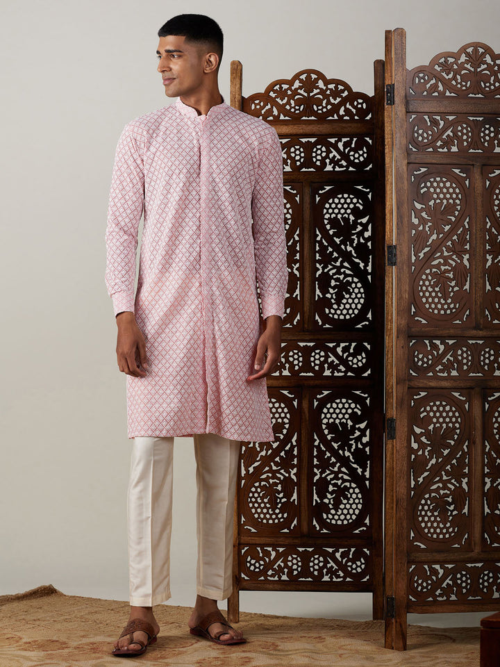 Sarvati Men's Pink Chikankari Front Open Kurta With Pant Set