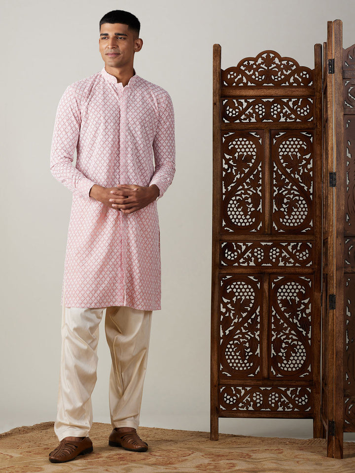 Sarvati Men's Pink Chikankari Front Open Kurta With Patiala Set