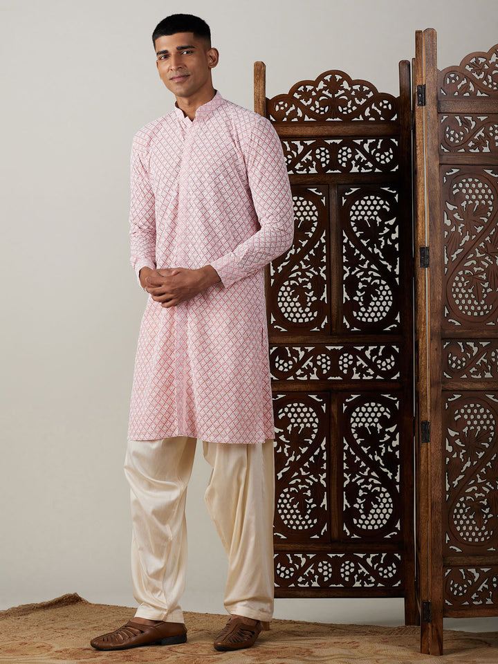 Sarvati Men's Pink Chikankari Front Open Kurta With Patiala Set