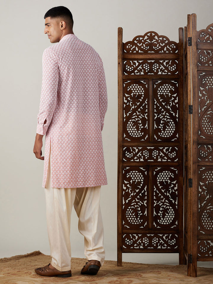 Sarvati Men's Pink Chikankari Front Open Kurta With Patiala Set