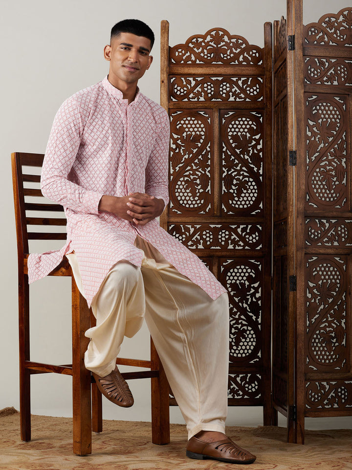 Sarvati Men's Pink Chikankari Front Open Kurta With Patiala Set