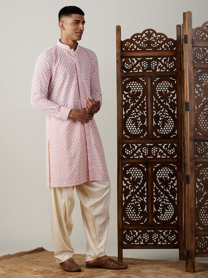 Sarvati Men's Pink Chikankari Front Open Kurta With Patiala Set