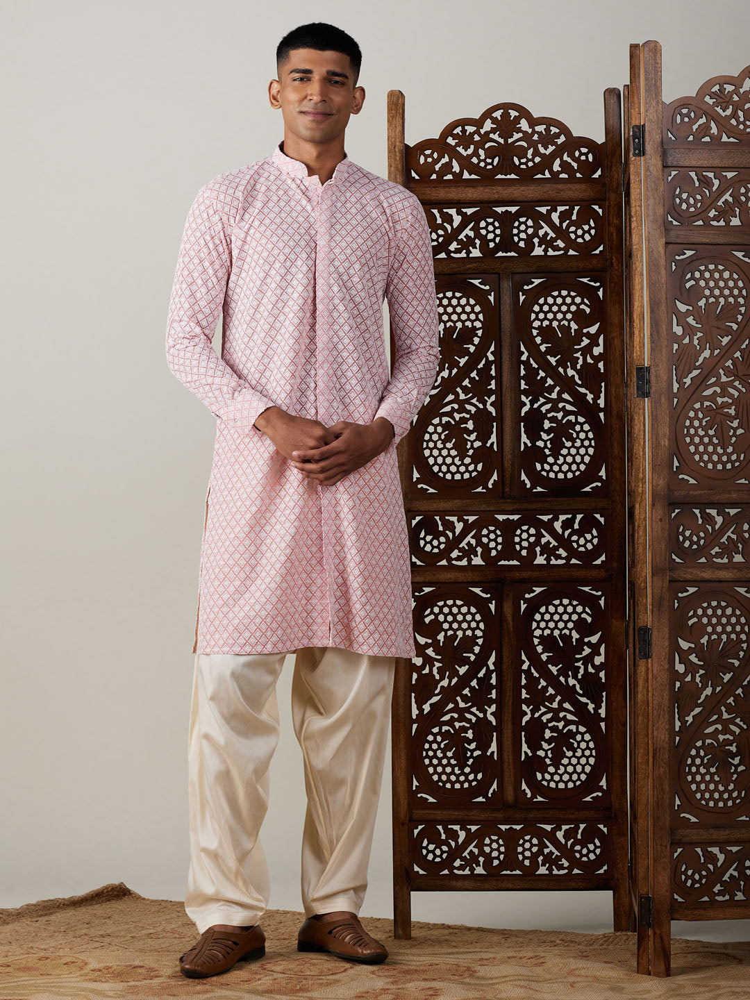 Sarvati Men's Pink Chikankari Front Open Kurta With Patiala Set