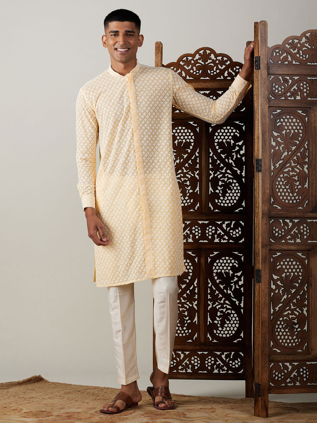 Sarvati Men's Yellow Chikankari Front Open Kurta With Pant Set