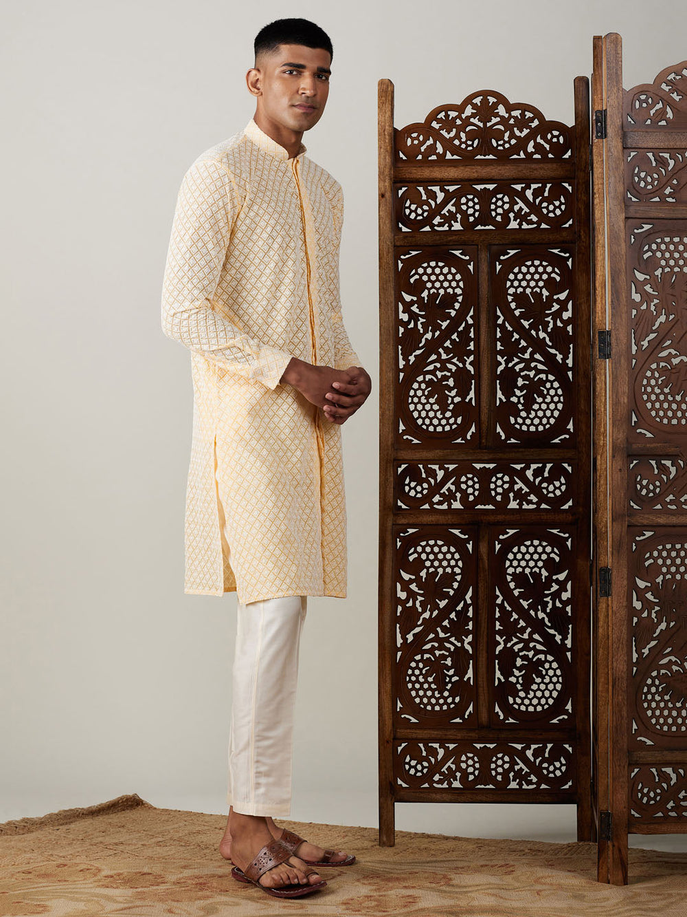 Sarvati Men's Yellow Chikankari Front Open Kurta With Pant Set