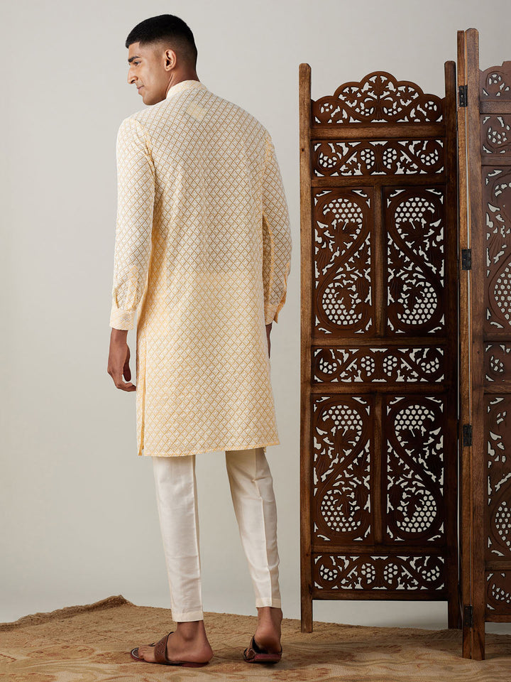 Sarvati Men's Yellow Chikankari Front Open Kurta With Pant Set