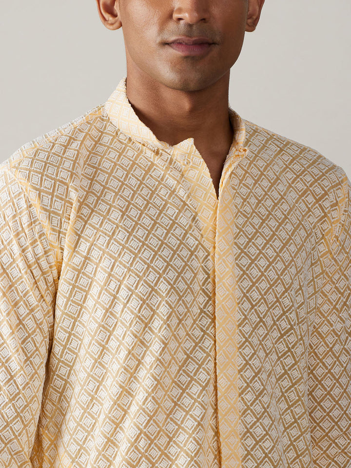 Sarvati Men's Yellow Chikankari Front Open Kurta With Pant Set