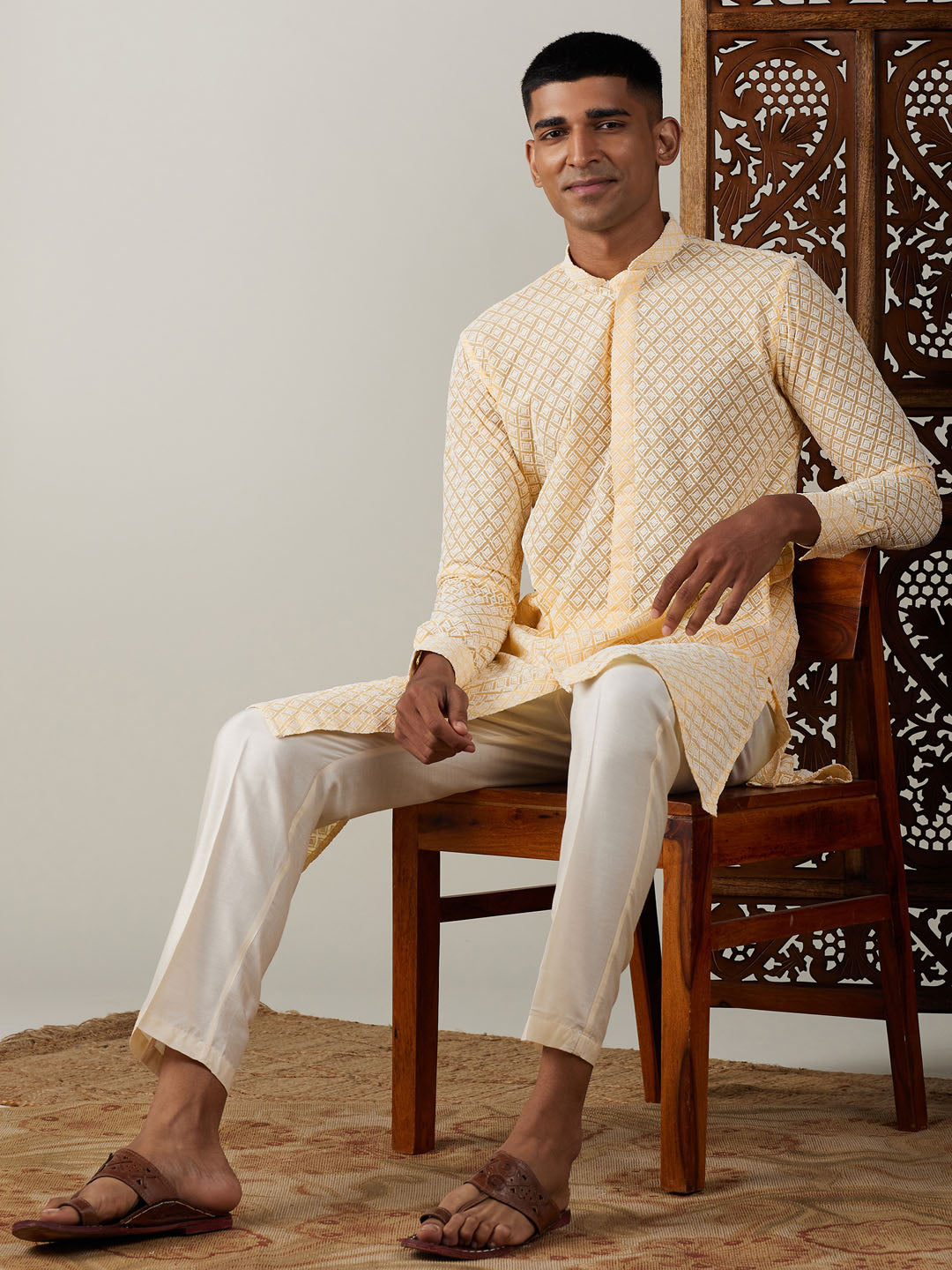 Sarvati Men's Yellow Chikankari Front Open Kurta With Pant Set