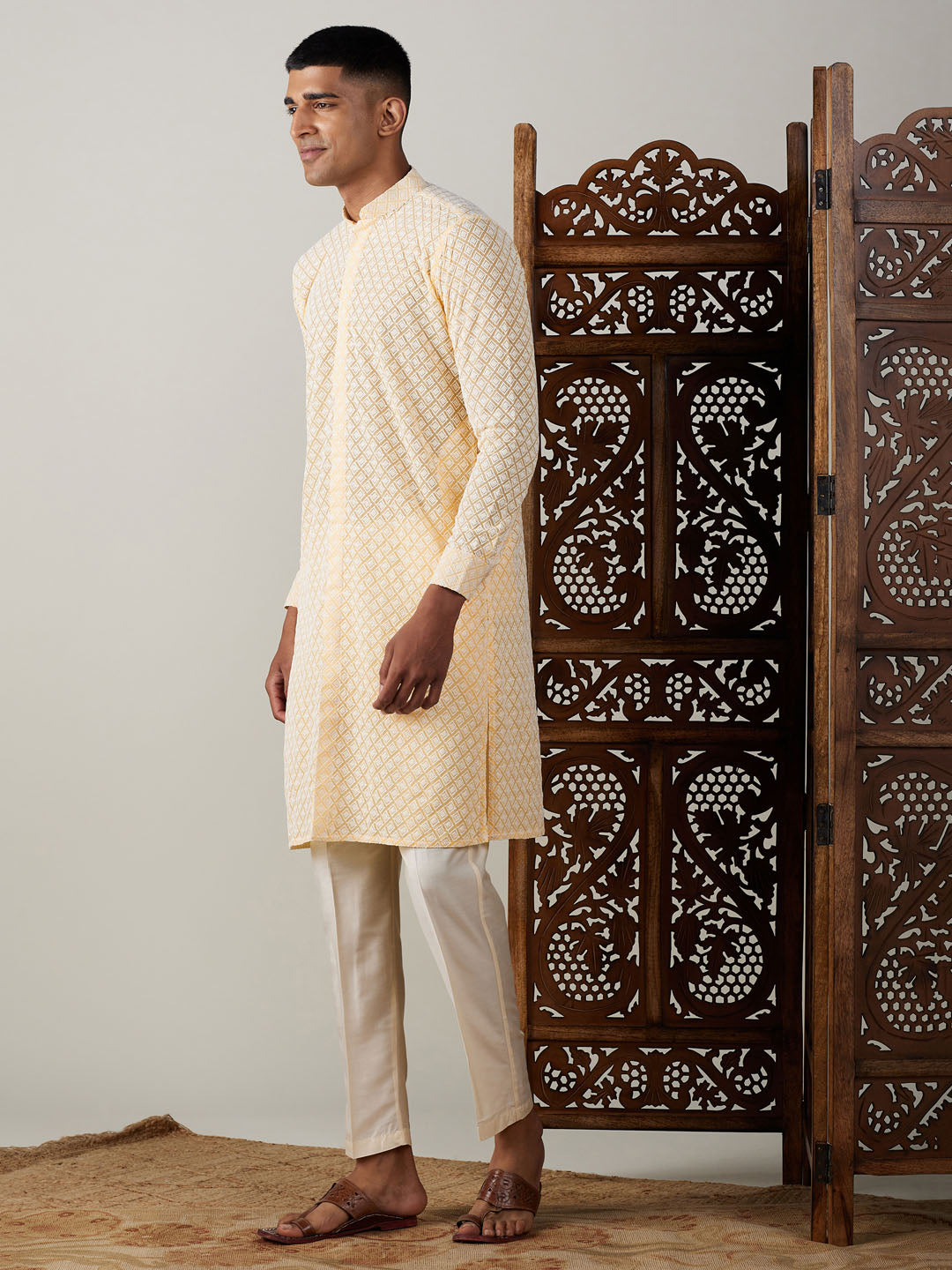 Sarvati Men's Yellow Chikankari Front Open Kurta With Pant Set