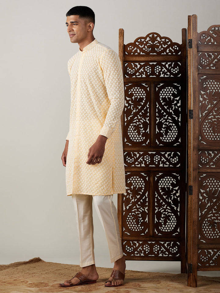 Sarvati Men's Yellow Chikankari Front Open Kurta With Pant Set