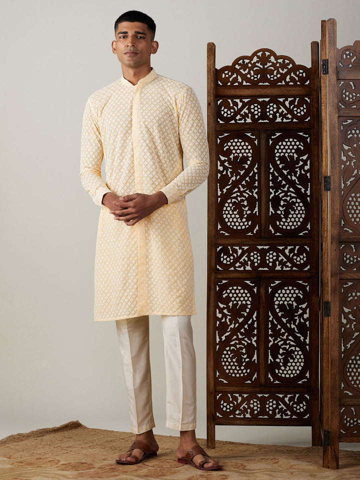 Sarvati Men's Yellow Chikankari Front Open Kurta With Pant Set