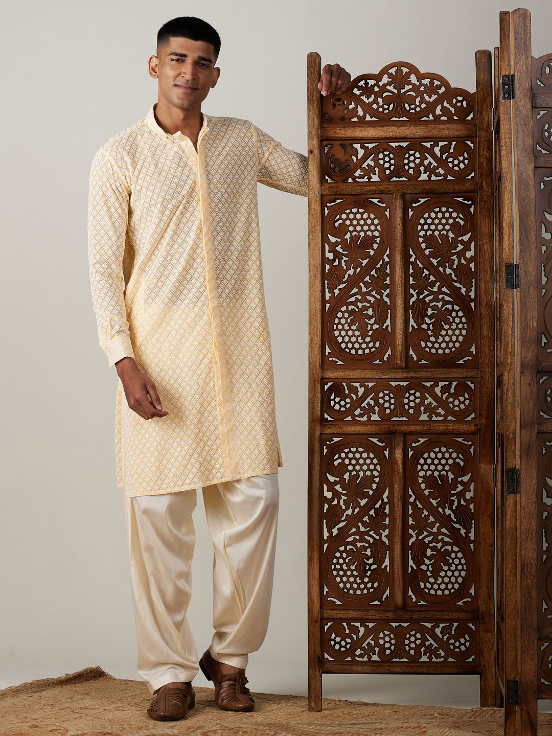 Sarvati Men's Yellow Chikankari Front Open Kurta WithPatiala Set