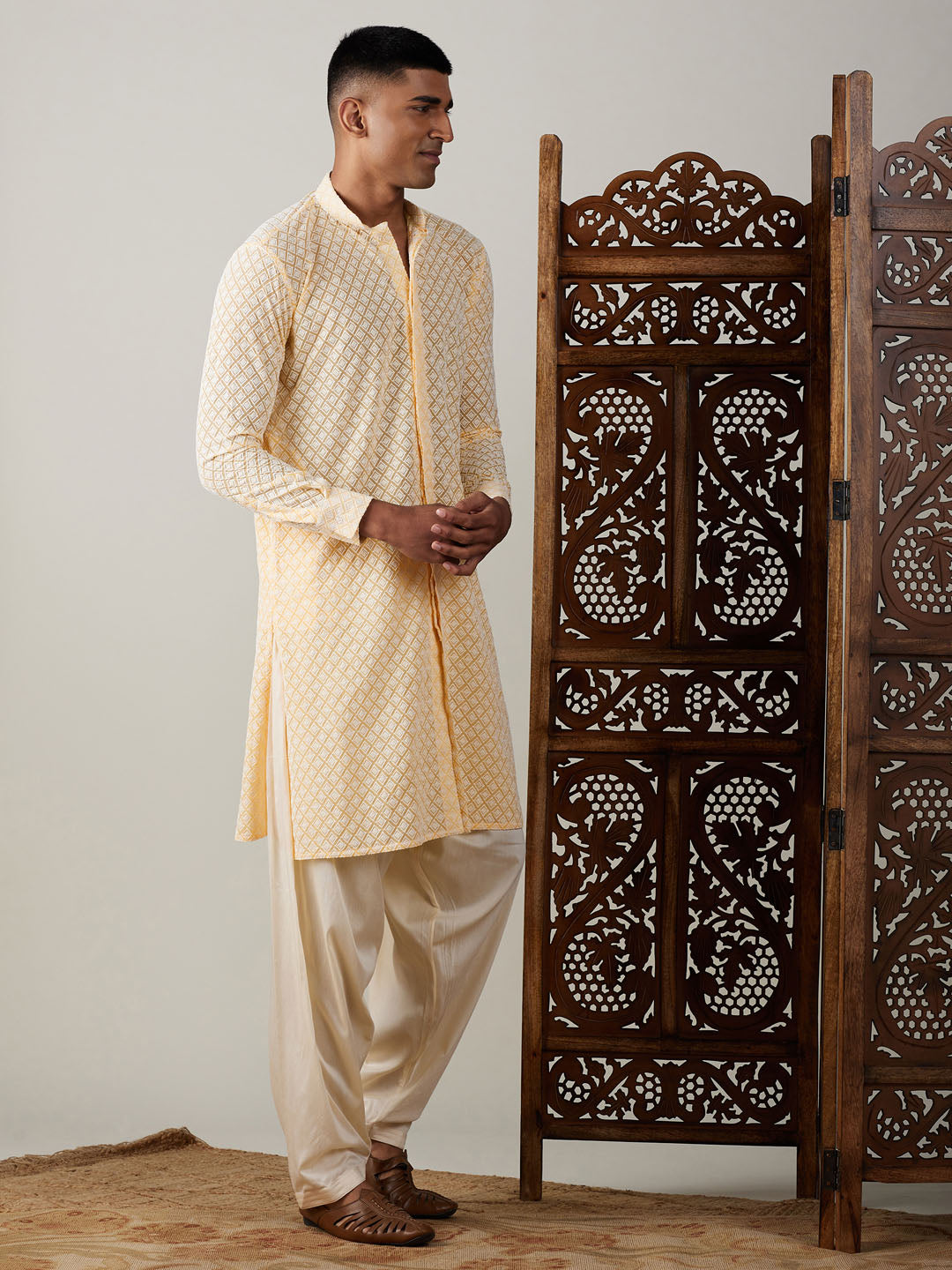 Sarvati Men's Yellow Chikankari Front Open Kurta WithPatiala Set