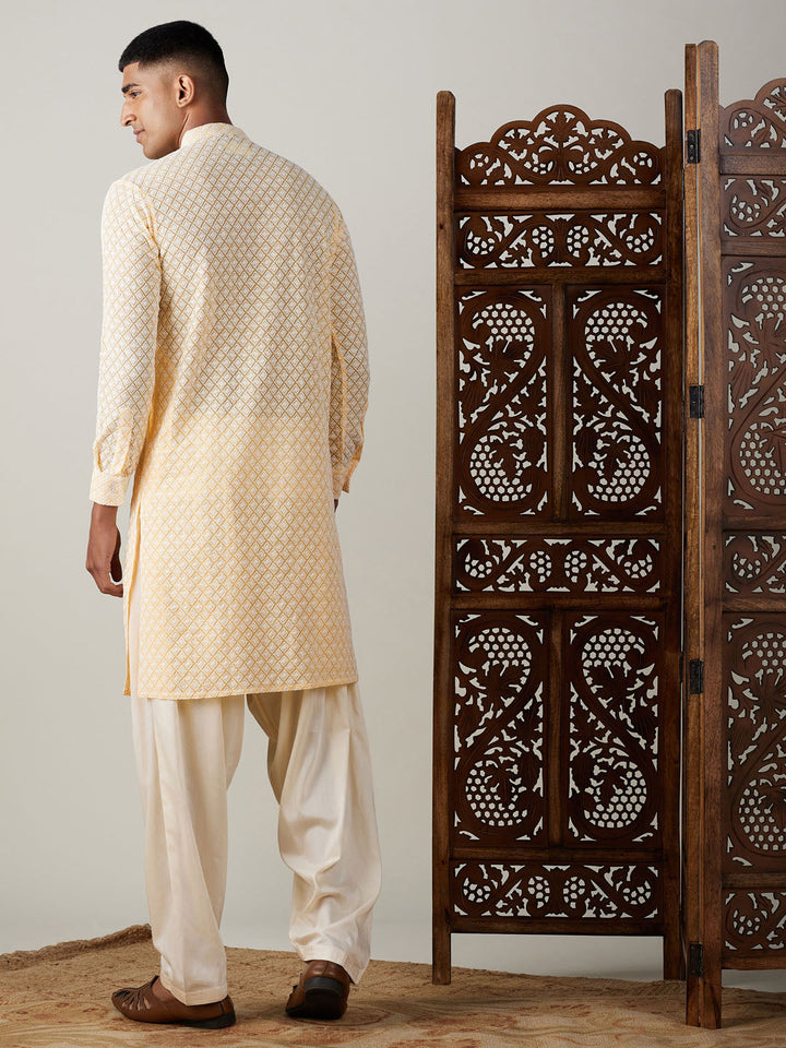 Sarvati Men's Yellow Chikankari Front Open Kurta WithPatiala Set