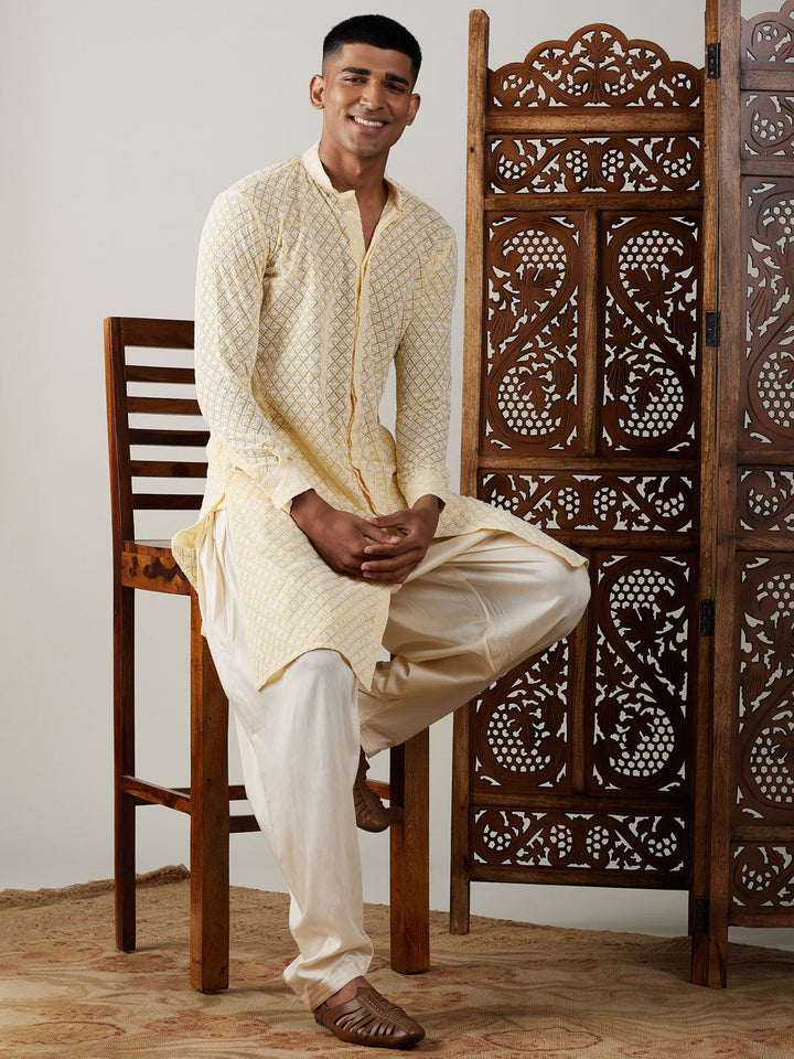 Sarvati Men's Yellow Chikankari Front Open Kurta WithPatiala Set