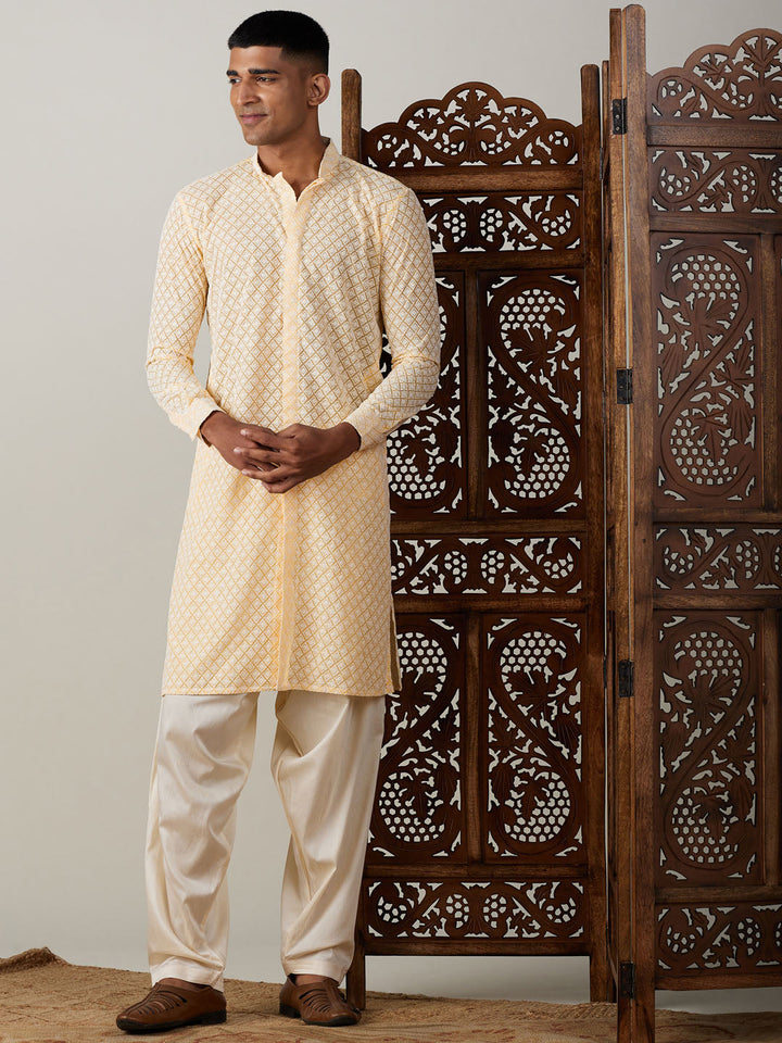 Sarvati Men's Yellow Chikankari Front Open Kurta WithPatiala Set