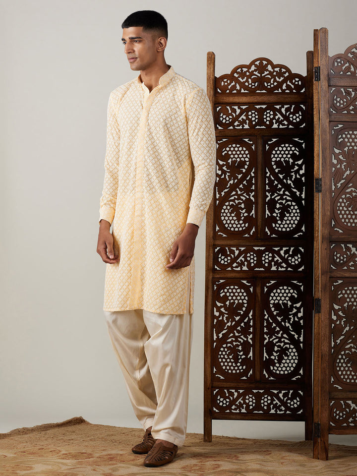 Sarvati Men's Yellow Chikankari Front Open Kurta WithPatiala Set