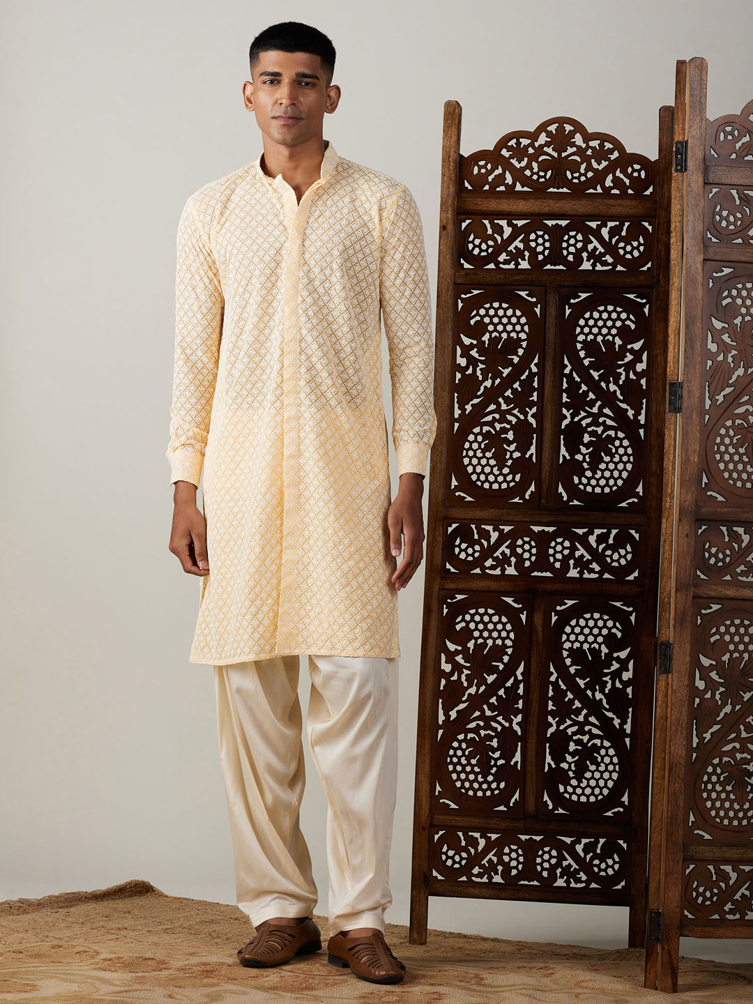 Sarvati Men's Yellow Chikankari Front Open Kurta WithPatiala Set